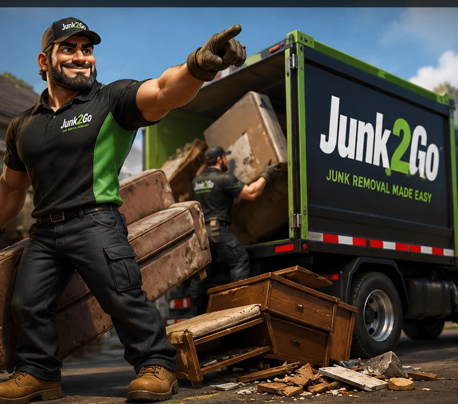 Junk2Go crew loading approved bulky items and loose renovation debris into the removal truck