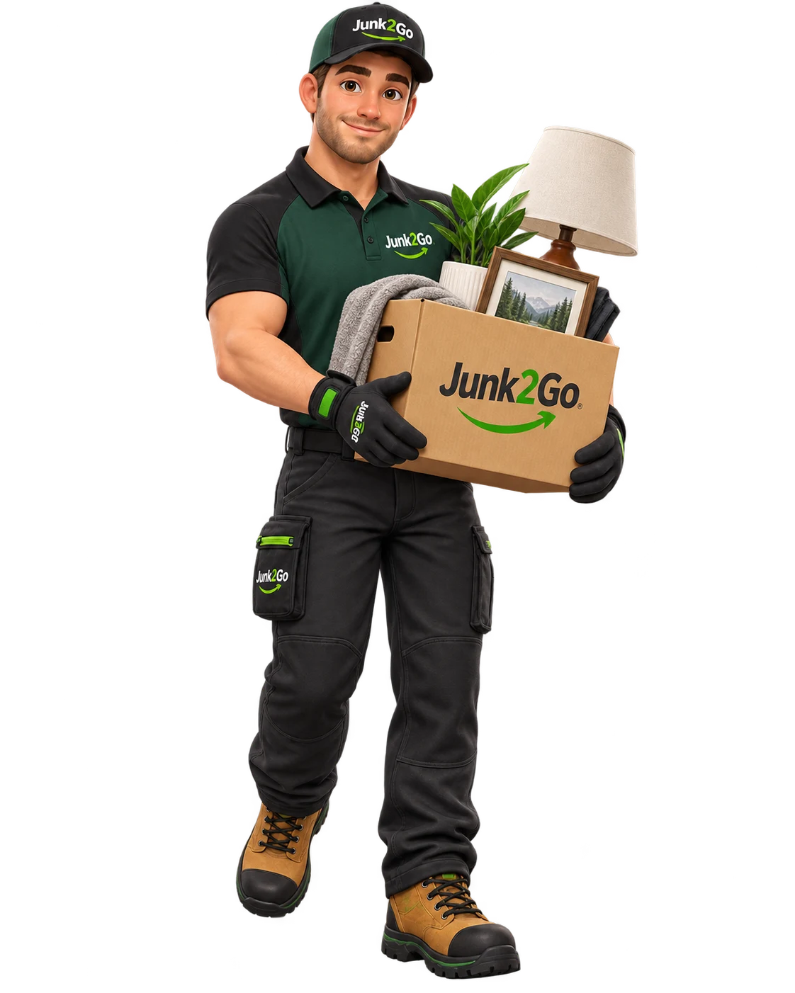 Friendly Junk2Go male crew member carrying a box of approved household items