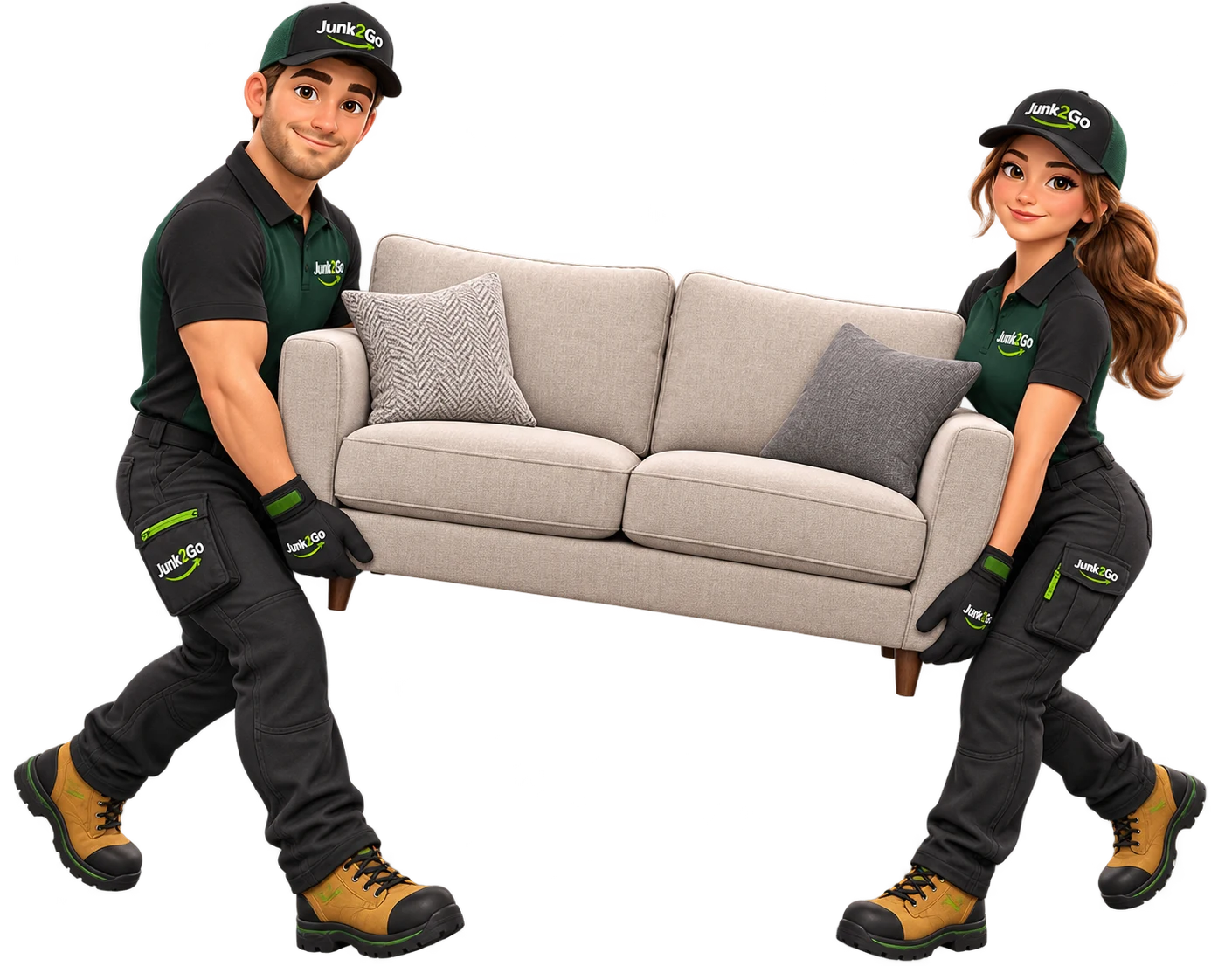 Junk2Go male and female crew carrying a loveseat together